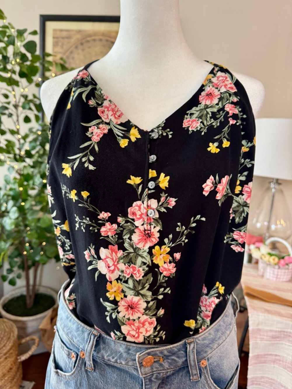 Floral V-Neck Sleeveless Cami Top - Black with Pink & Yellow Flowers